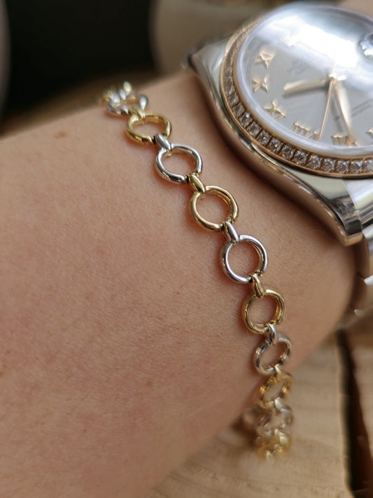 New Solid 9ct Yellow/White Gold Round Circles Chain BRACELET 7.5inc/19cm