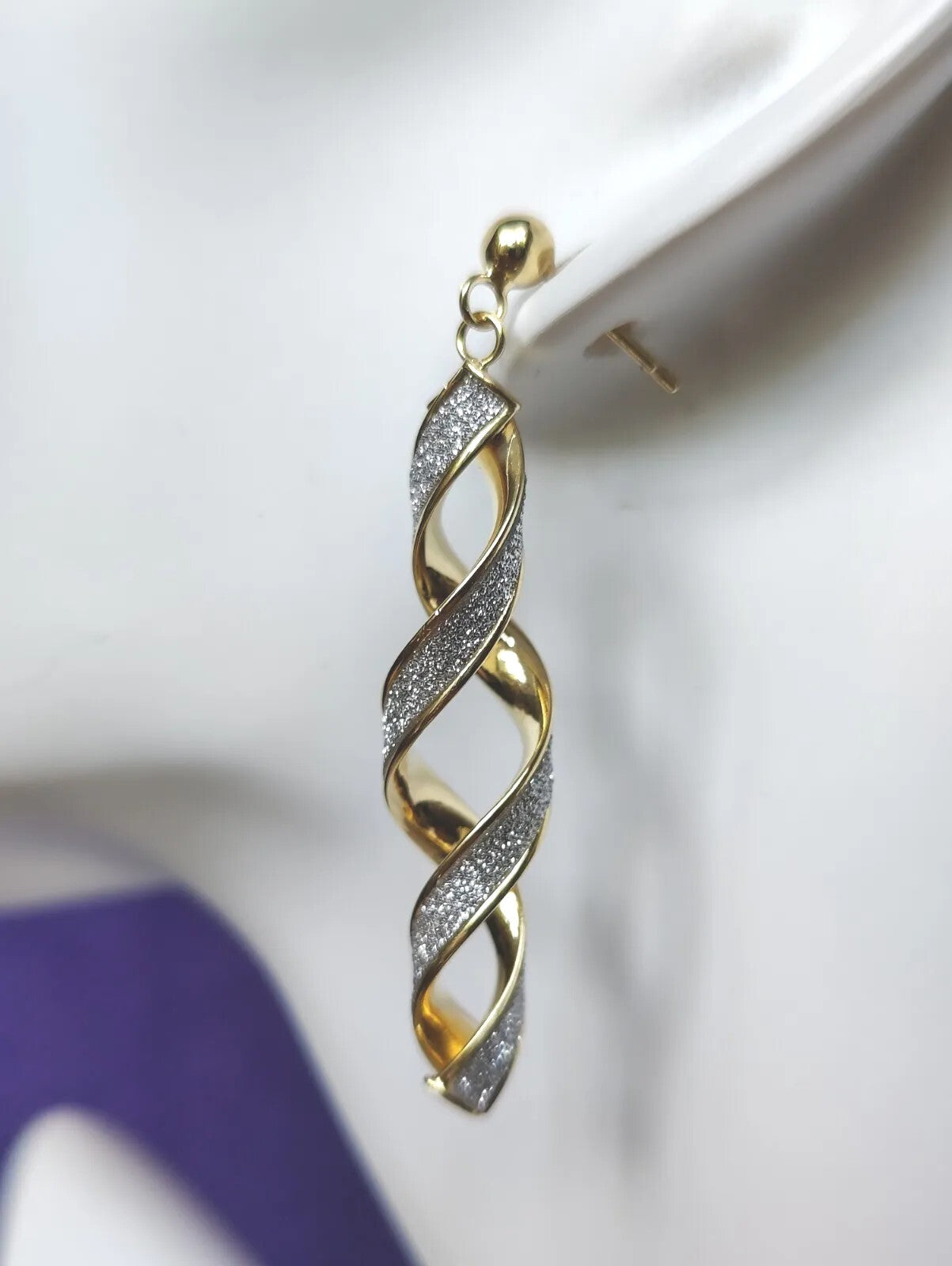 New Solid Yellow Gold 9 Carat White Glitter Moondust Twist Earrings Studs Dangly