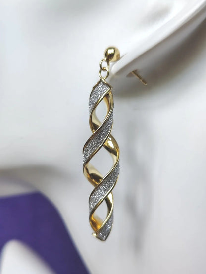 New Solid Yellow Gold 9 Carat White Glitter Moondust Twist Earrings Studs Dangly
