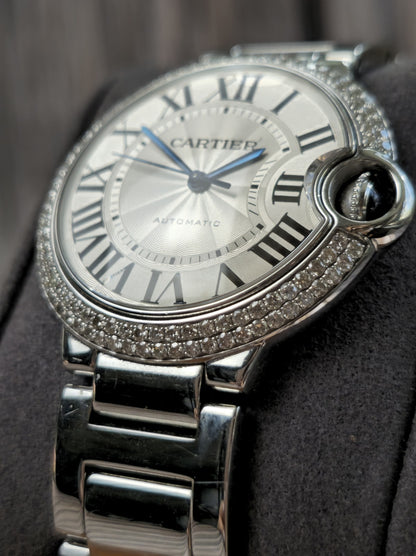 Cartier Ballon Bleu 36mm Steel Automatic Watch 2 Raw Diamond Bezel 3005 Papers