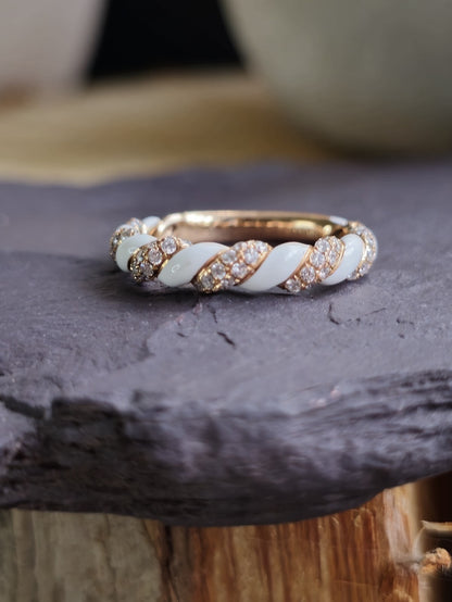 Solid 18ct Rose Gold Diamond and White Ceramic Eternity Ring Wedding Band size N