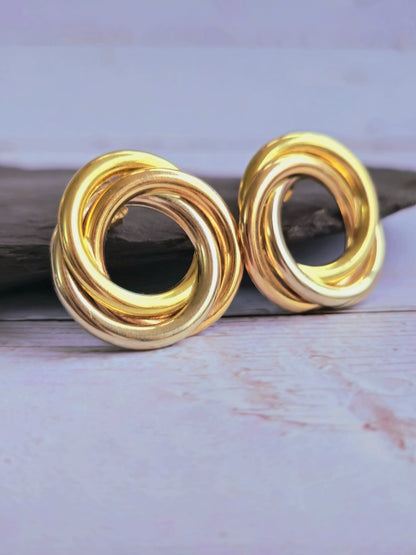 18ct Solid Yellow Gold Twisted Earrings Stud Knot Trinity Studs 28mm 7.6grams