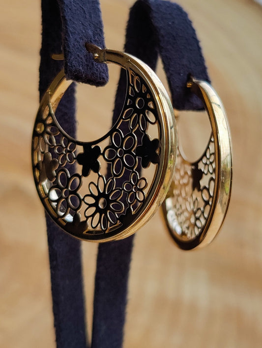 9ct Gold Yellow Gold 3.45g Full Decorative Hoop Earrings 30mm Flowers Hallmarked