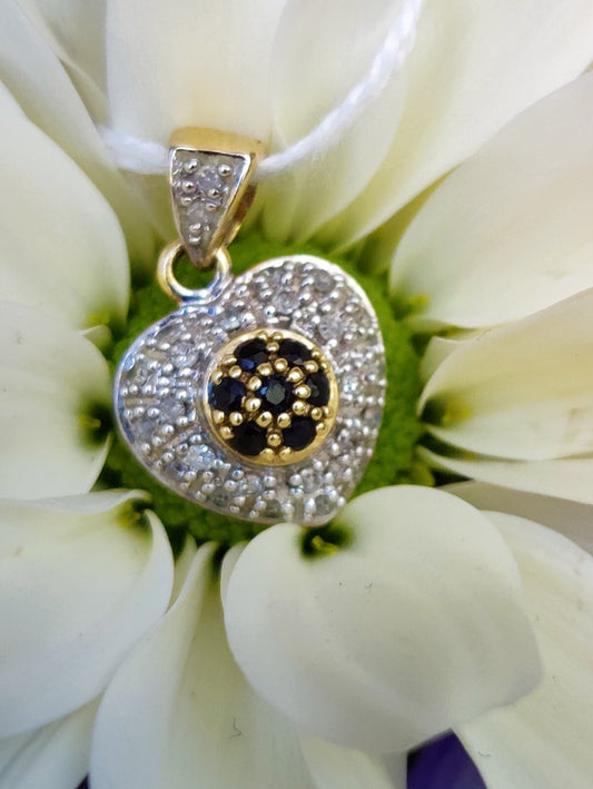 Solid 9CT YELLOW WHITE GOLD DIAMOND SAPPHIRE heartshape PENDANT Hallmarked 