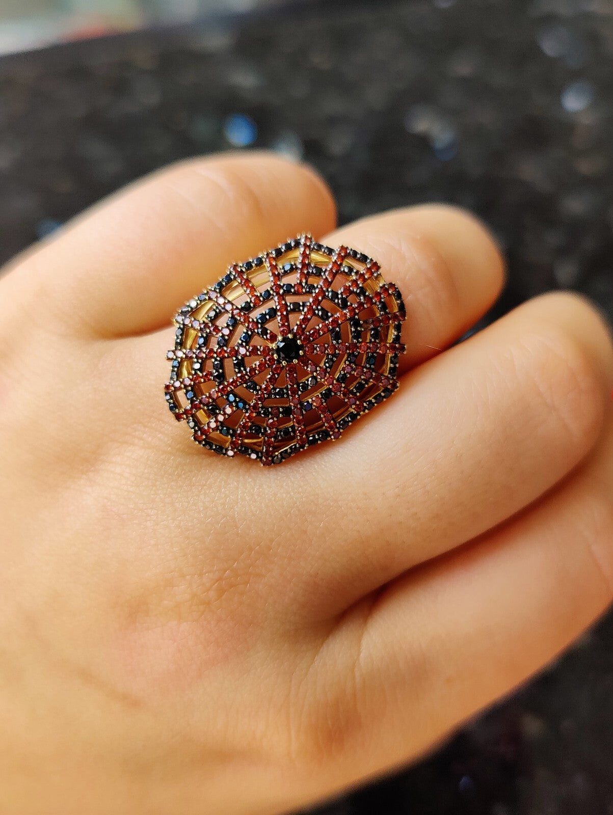 Sapphire and Ruby Spider Web Ring 18K Gold Solid Coctail Unusual Design Q size