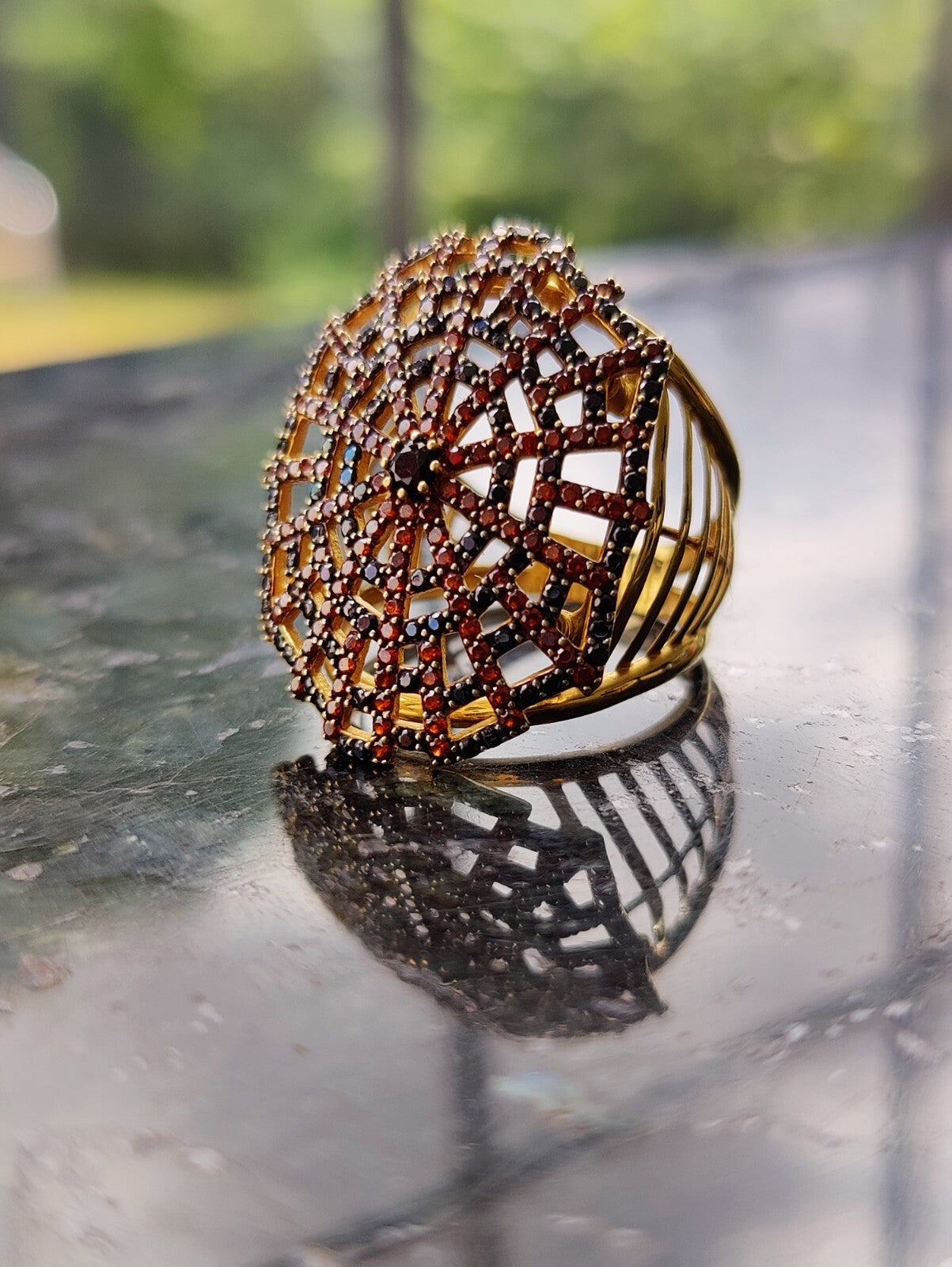 Sapphire and Ruby Spider Web Ring 18K Gold Solid Coctail Unusual Design Q size