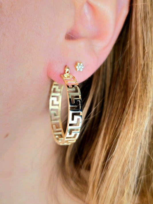 NEW 9ct Yellow Gold Solid Hoop Greek Key Earrings See Through Wide Hoops
