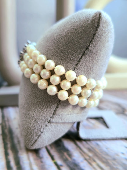 Vintage 14K White Gold and Sapphire Pearl Bracelet 3 Row Triple String 585