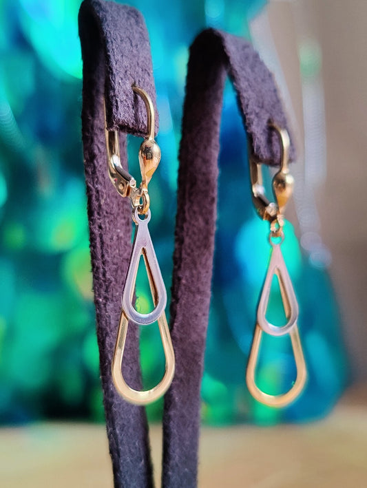 New Drop Earrings 9ct Yellow/White Gold Hallmarked Double Teardrop/ Pear Shape