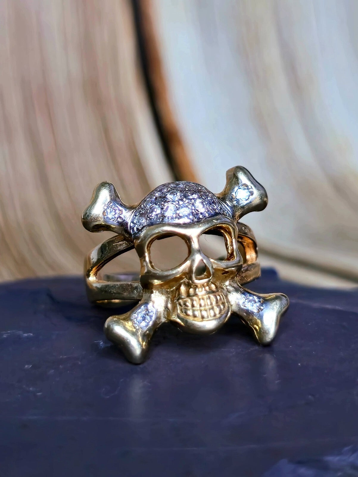 Solid 9ct Yellow Gold Signet Ring big size: Z+1 Skull C/Z Skeleton Heavy Chunky