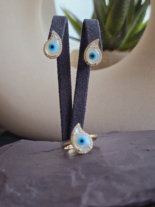 14k Yellow Gold Evil Eye Set of  Ring and Earrings English Clasp