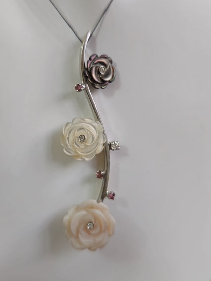 18K White GoldJewellery Set Mother od Pearl Diamond/Ruby Earrings and Pendant
