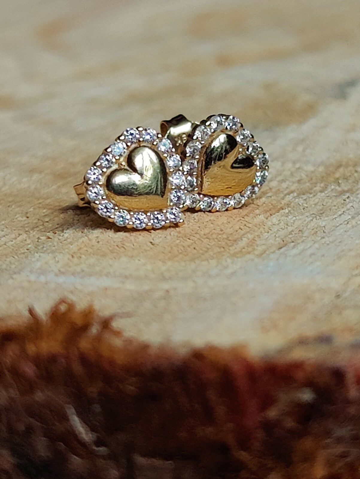 Solid 9ct Yellow Gold Stud Earrings Heart Shape Halo CZ Butterfly Fitting