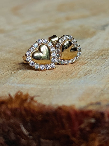 Solid 9ct Yellow Gold Stud Earrings Heart Shape Halo CZ Butterfly Fitting