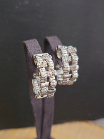 Solid 18k White Gold Diamond Earrings 25mm Heavy Hoops 18 GRAMS Omega Clasp
