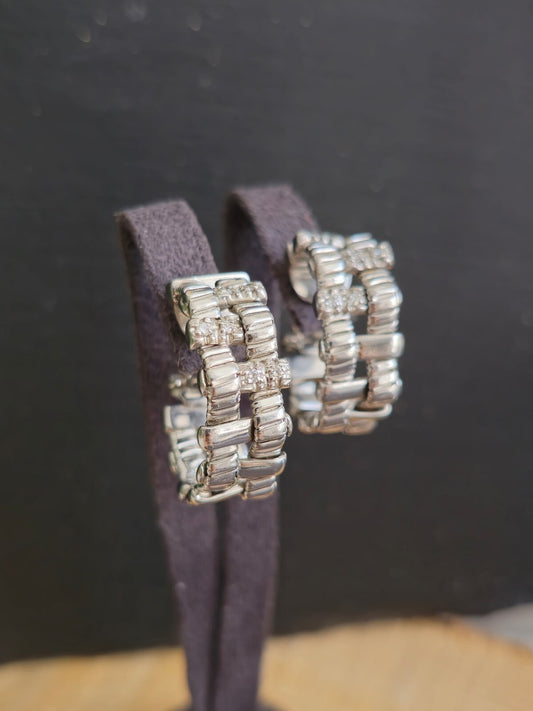 Solid 18k White Gold Diamond Earrings 25mm Heavy Hoops 18 GRAMS Omega Clasp