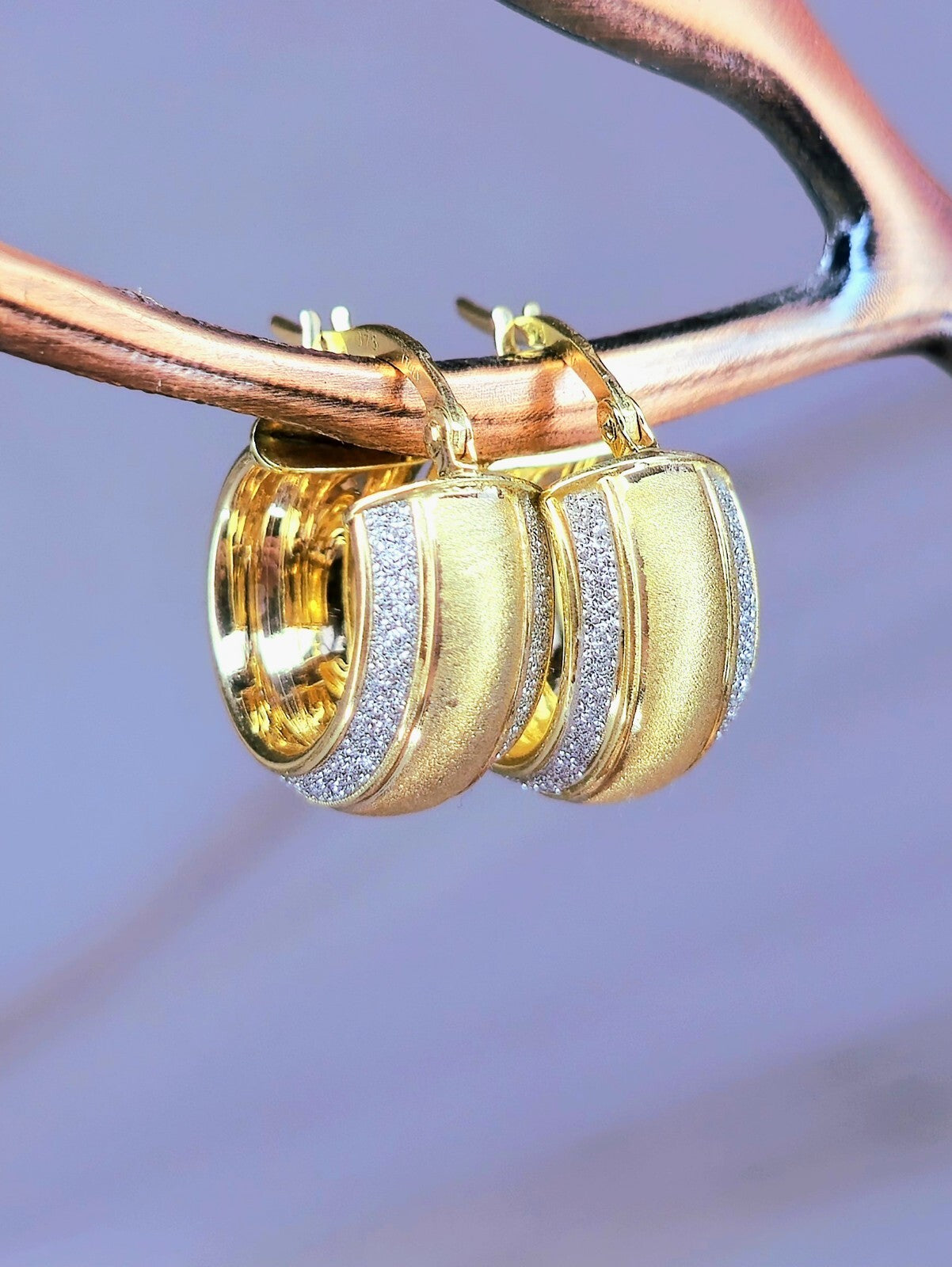 9ct Solid Yellow Gold Wide Hoop Earrings Damond Dust Hoops Glitter Moon-dust