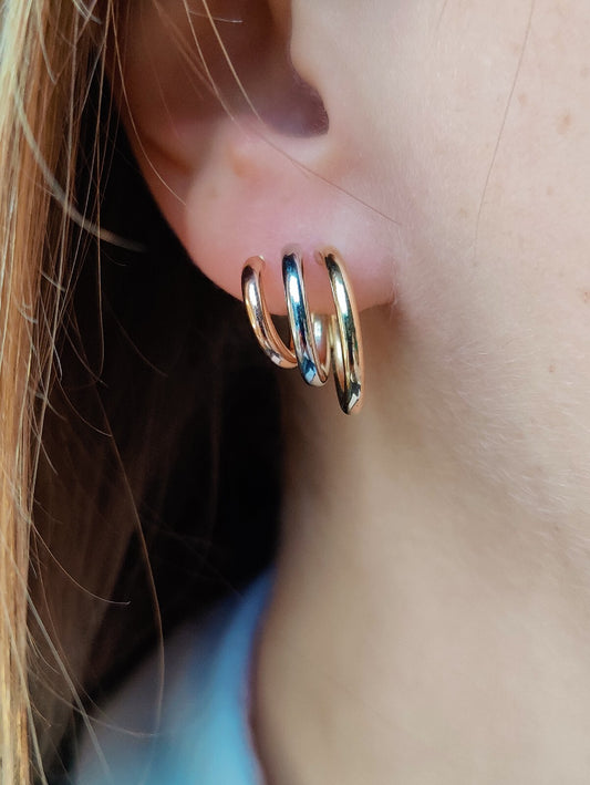 Solid 9ct Yellow/White/Rose Gold Hoop Earrings Trinity Three Colour New Circles