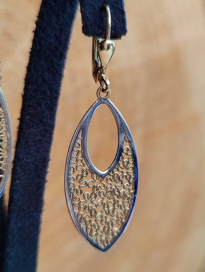 Solid Drop Dangly Earrings 9ct Yellow Gold Leverback Decorative Floral Pattern