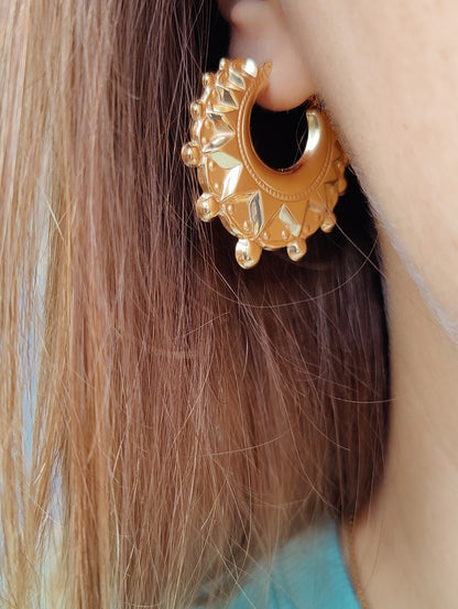 New 9ct Real Yellow Gold 4.5g CHUNKY ROUND CREOLE HOOP EARRINGS Vintage Looking