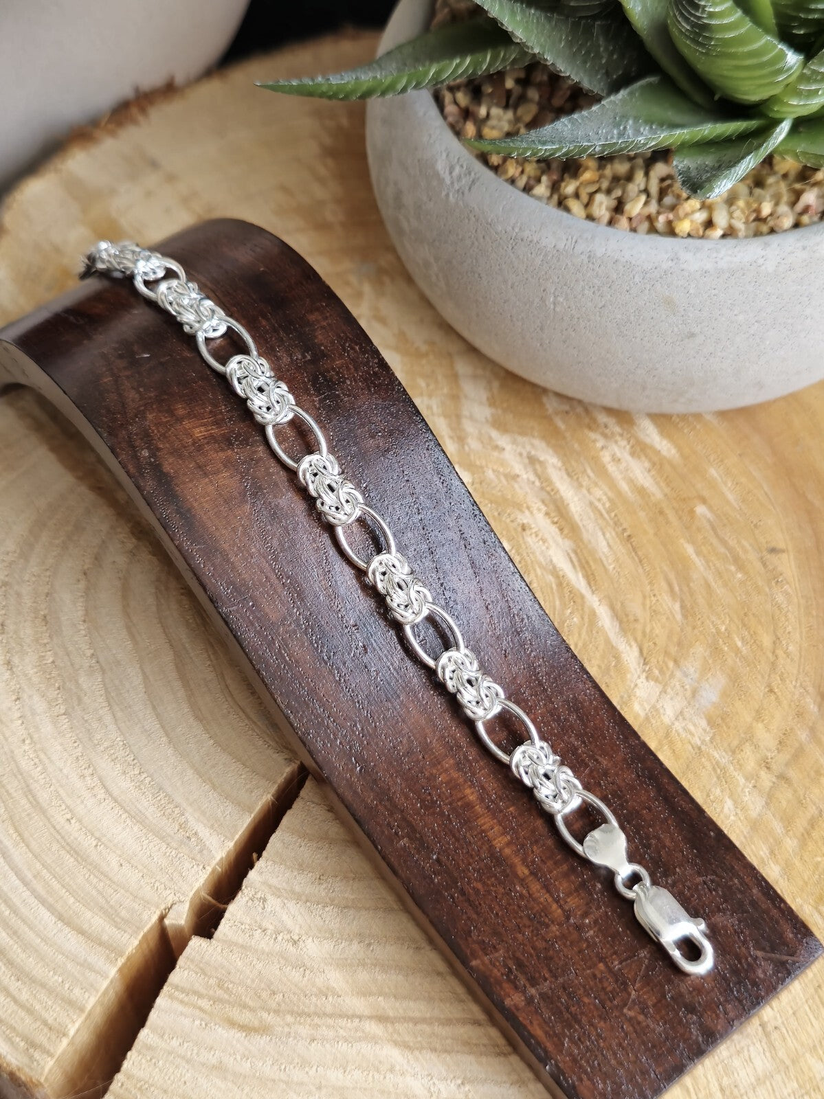 925 Sterling Silver Chunky Figaro Byzantine Chain Bracelet 8mm 17grams 19cm