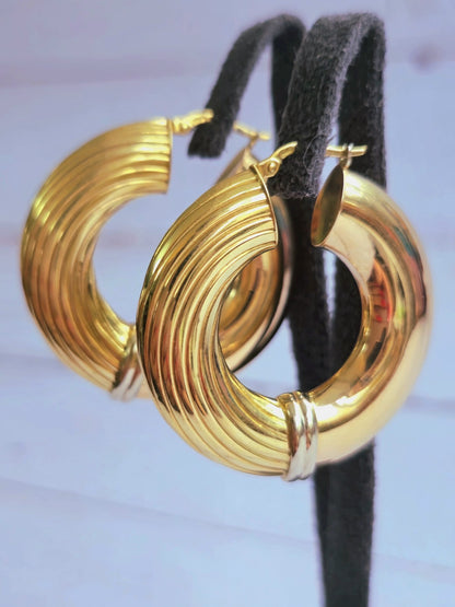 18ct Yellow Gold CHUNKY ROUND CREOLE HOOP EARRINGS Fashion 37mm Hoops Thick