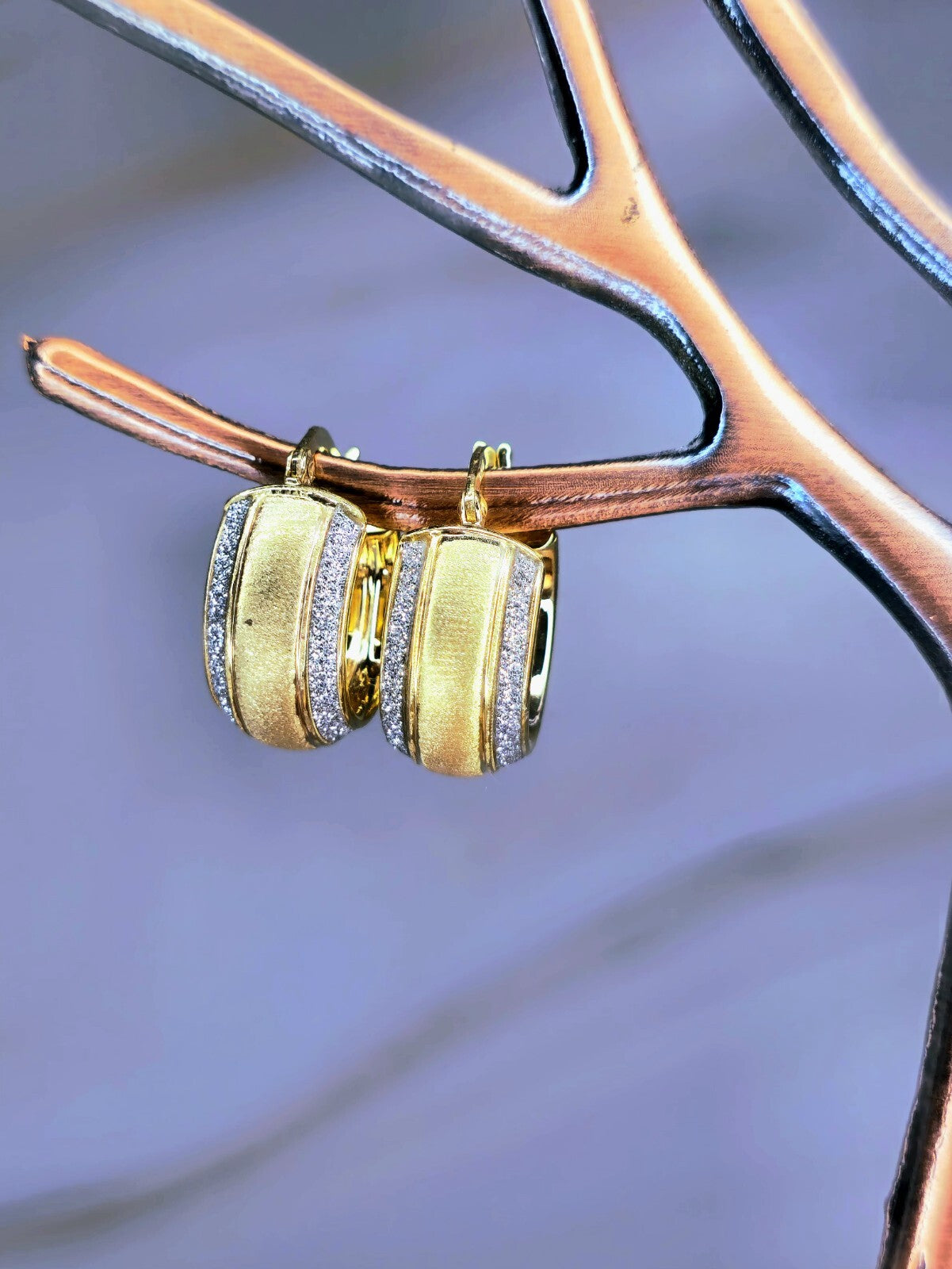 9ct Solid Yellow Gold Wide Hoop Earrings Damond Dust Hoops Glitter Moon-dust