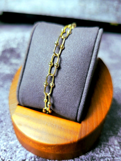 9K Yellow Gold Interlink Ball Bubble Horseshoe U Shape Chain Bracelet 18cm 7.1''