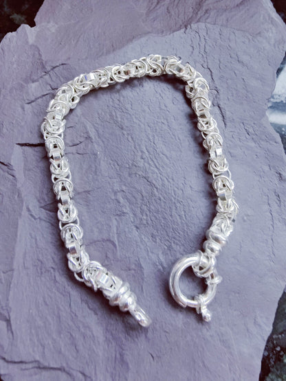 925 Sterling Silver Chunky Heavy Chain Bracelet 19grams Round Byzantine 6mm