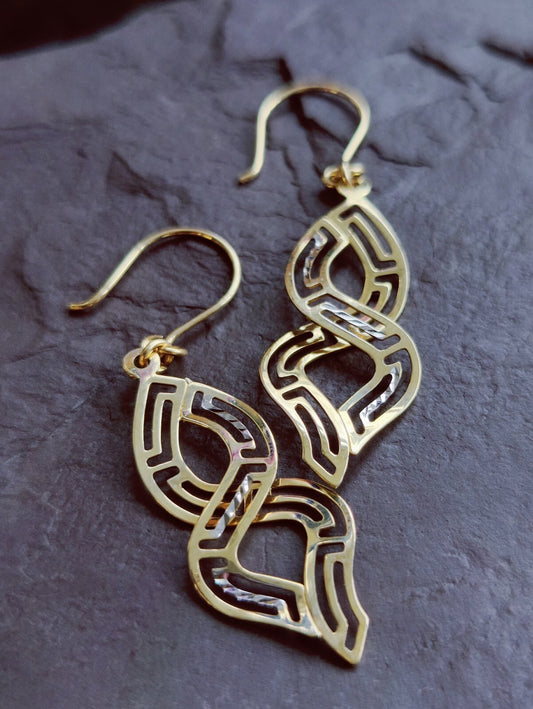 9ct Solid Yellow/White Long Drop Earrings Diamond Cut Eternity Motif Hook