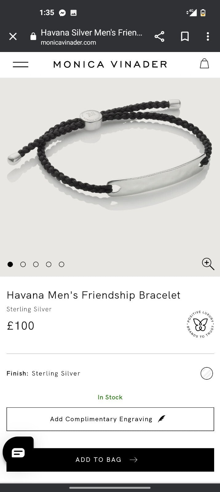 Monica Vinader Havana Friendship Bracelet Black Cord Silver Mens Engraving 