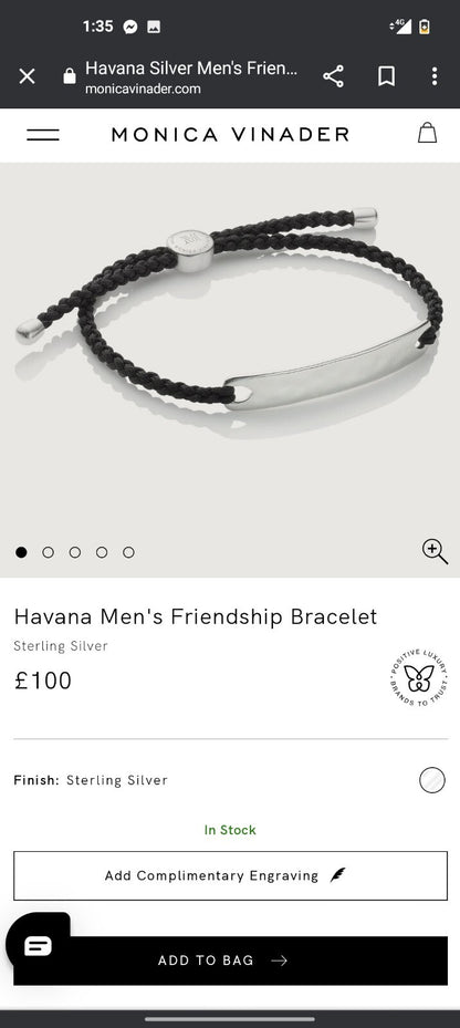 Monica Vinader Havana Friendship Bracelet Black Cord Silver Mens Engraving 