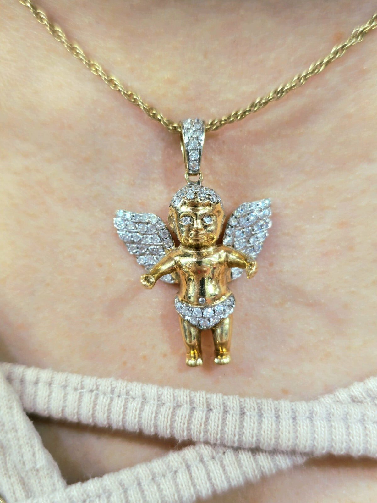 10K YELLOW GOLD PENDANT BABY ANGEL NATURAL DIAMONDS WINGS CROSS WITH CHAIN 25"