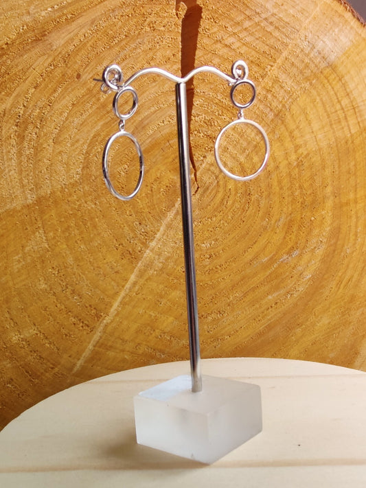 NEW 9ct Solid White Gold Drop Earrings Double Circle With Butterfly Fitting