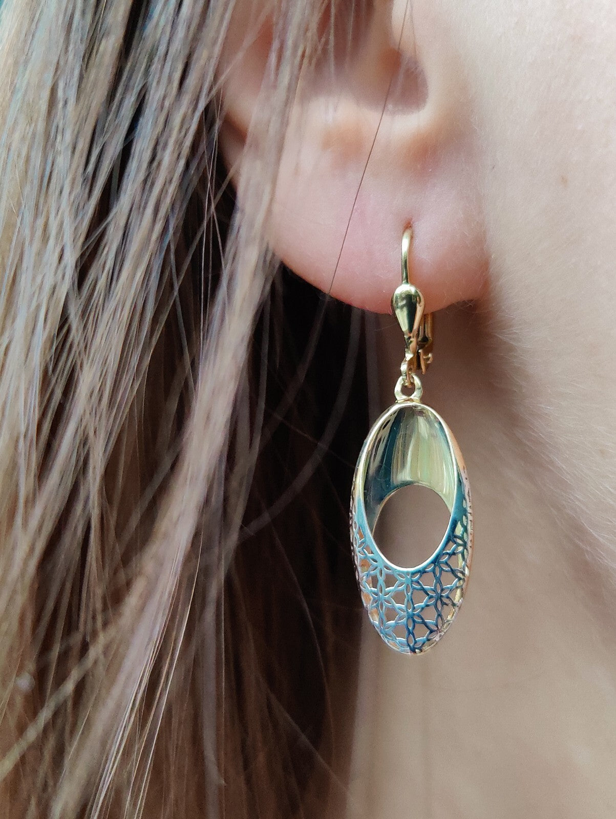 New 9ct Yellow/White Gold Drop Dangly Earrings Hallmarked Decorative Pattern 