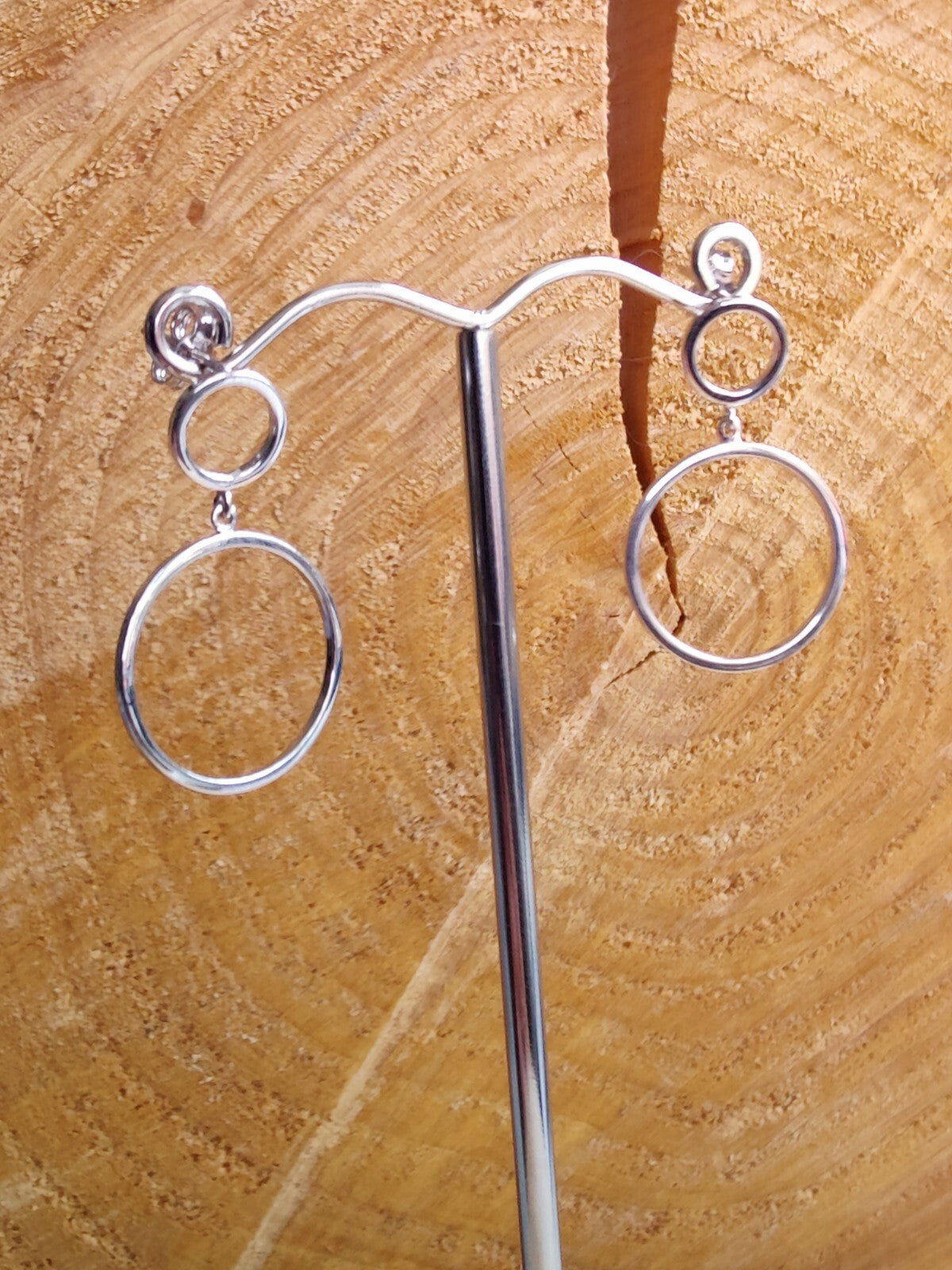 NEW 9ct Solid White Gold Drop Earrings Double Circle With Butterfly Fitting