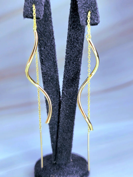 New 9ct Yellow Gold Twist Drop Earrings Squiggle Pull Through Wavy Chain 12.5cm