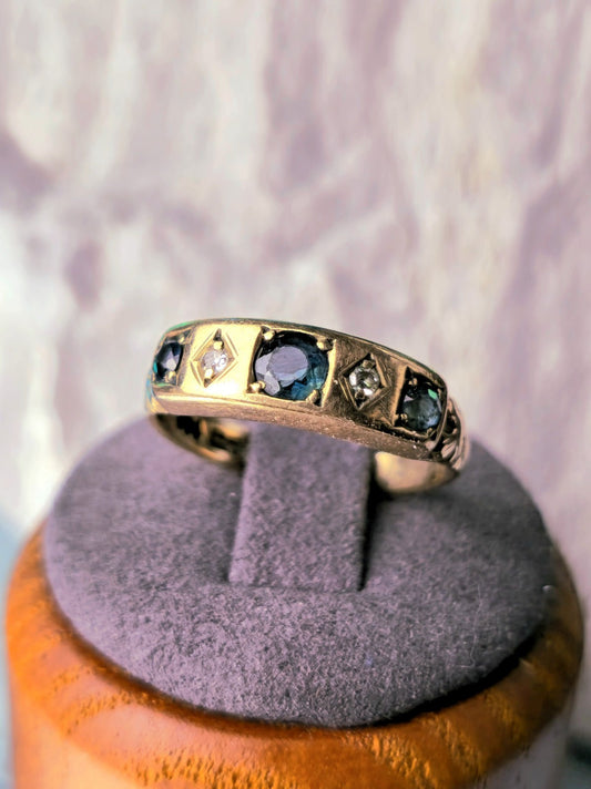 9ct Yellow Gold Sapphire/Diamond Ring Vintage Band size L+ 3.2g Hallmarked