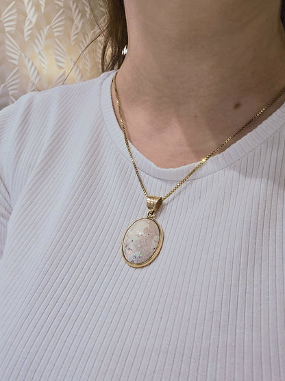 14ct Solid Yellow Gold Big Australian Opal Pendant Oval Shape Hallmarked 31mm