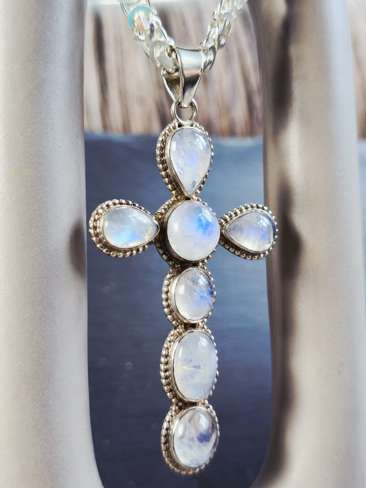 Large Solid 925 Sterling Silver Cross with Multi-shape Moonstones Pendant 9CM