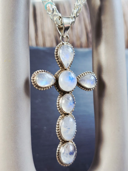 Large Solid 925 Sterling Silver Cross with Multi-shape Moonstones Pendant 9CM
