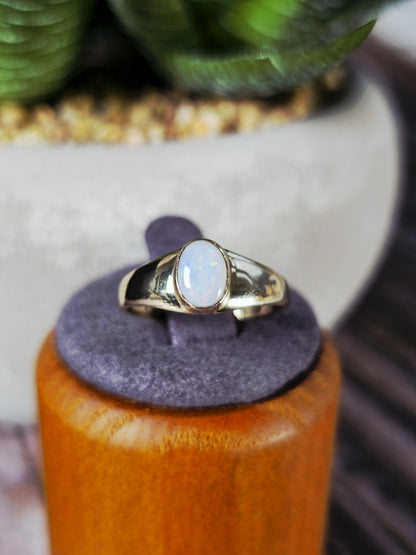 Cute Solid 9ct Yellow Oval Cabochon Opal Ring Bezel Set size M Pinky Signet Ring