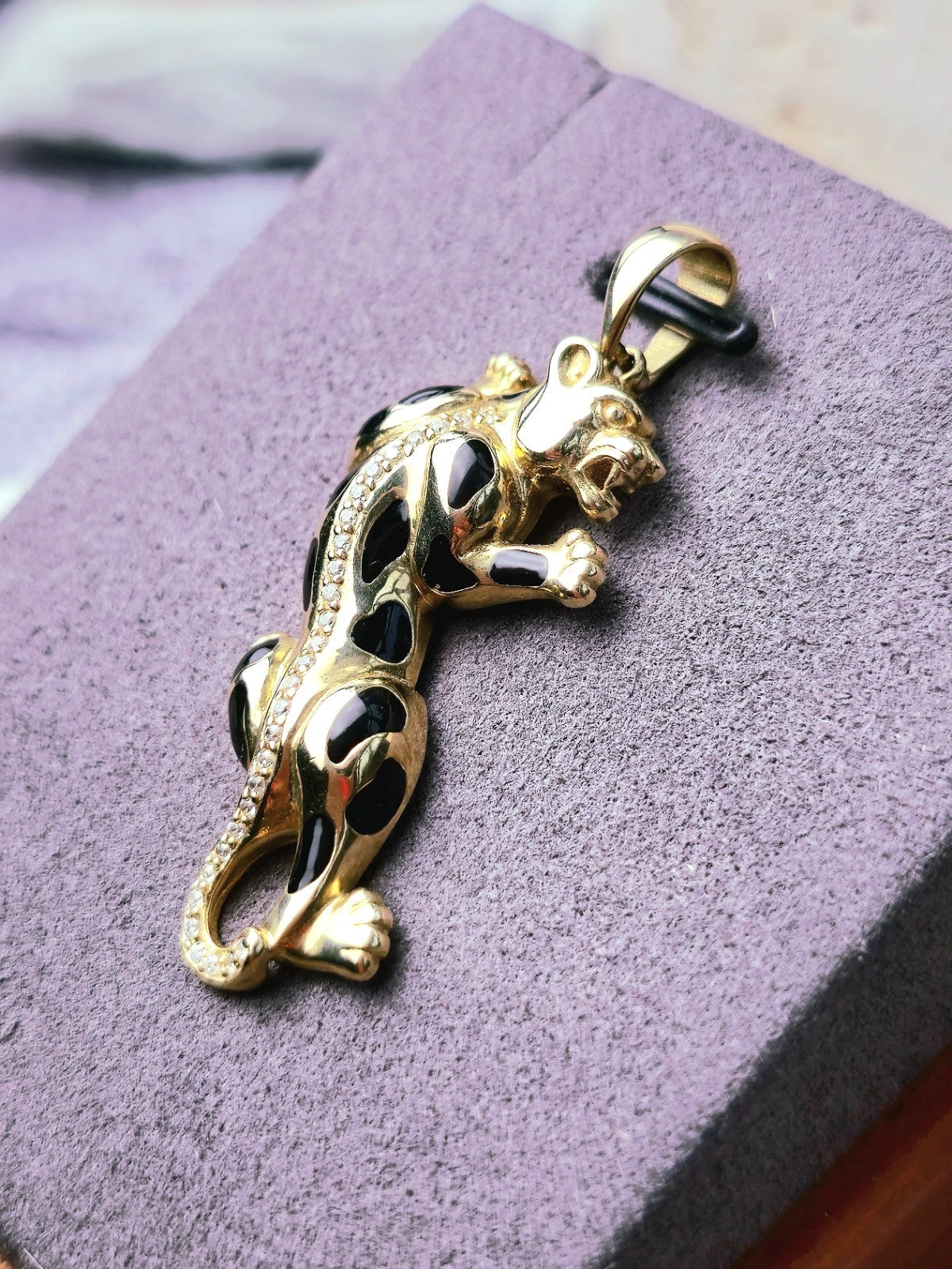 New Solid 9ct Yellow Gold Panthere Pendant Charm with CZ and Enamel Cat Puma