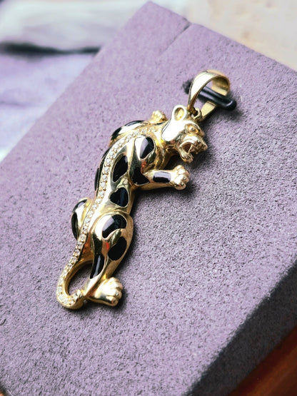 New Solid 9ct Yellow Gold Panthere Pendant Charm with CZ and Enamel Cat Puma