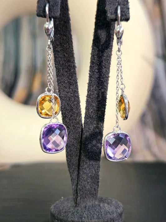 New 9ct White Gold Drop Earrings Amethyst and Citrine Big Stones Dangling Dress