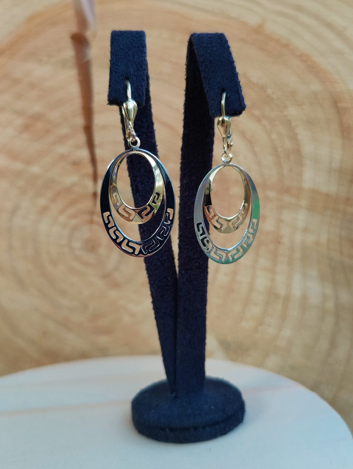 NEW OVAL Earrings 9ct Yellow/White Gold Leverback Hallmarked Greek Key Pattern 