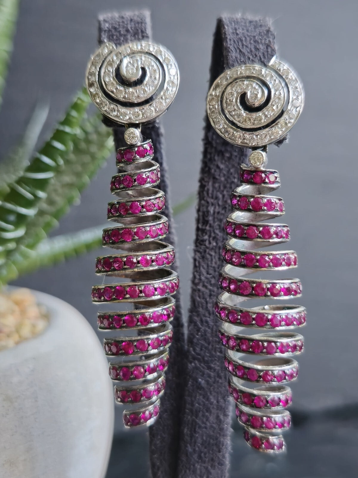 14ct and 16ct White Gold Natural Diamonds and Ruby Dangle Earrings Heavy