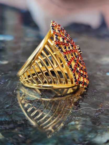 Sapphire and Ruby Spider Web Ring 18K Gold Solid Coctail Unusual Design Q size