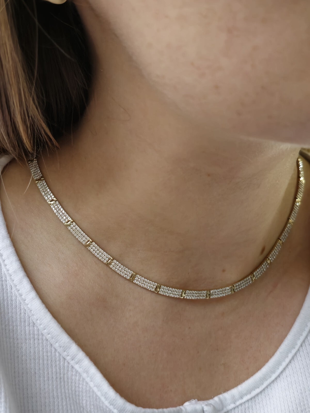 New Iced/Loaded Solid 9ct Yellow Gold Collar/Necklace 7.5inch C/Z Pave Hallmark