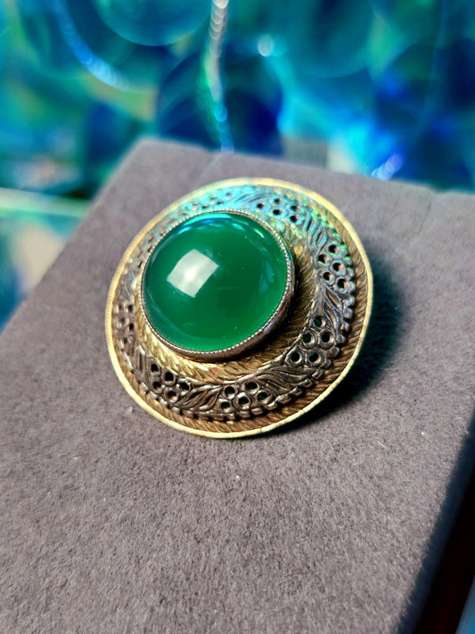 Silver & Gold Vintage Green Cabochon Decorative Brooch Art Deco Hallmarked